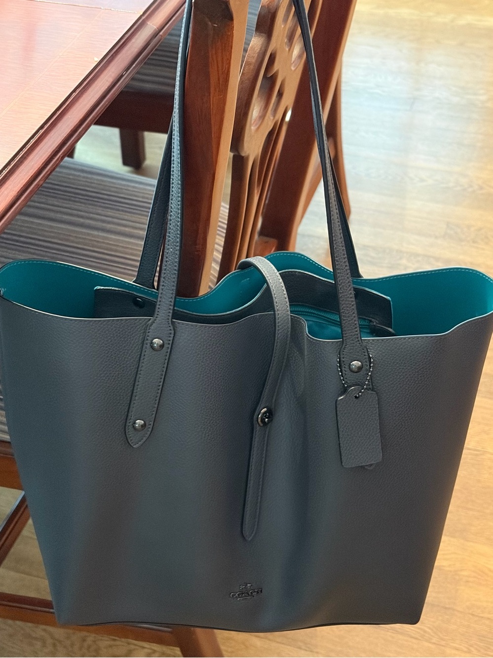 Coach Pebbled Leather Tote in Navy with Teal Interior